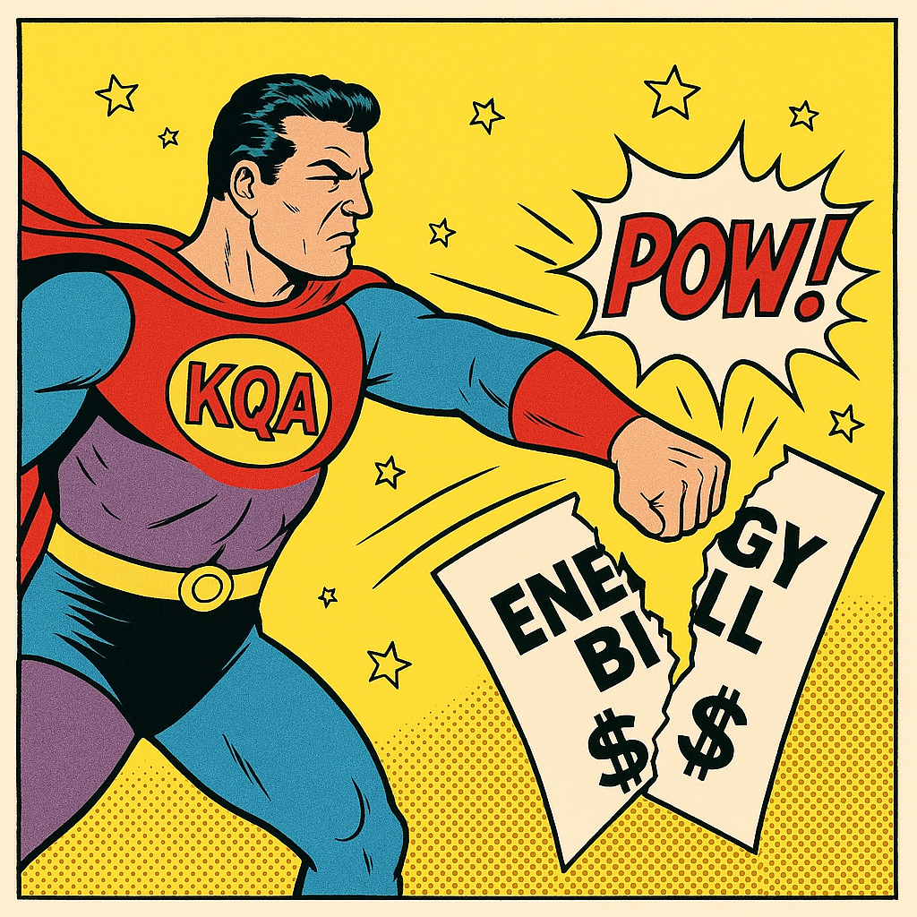 KQA superhero punching energy bill with POW!