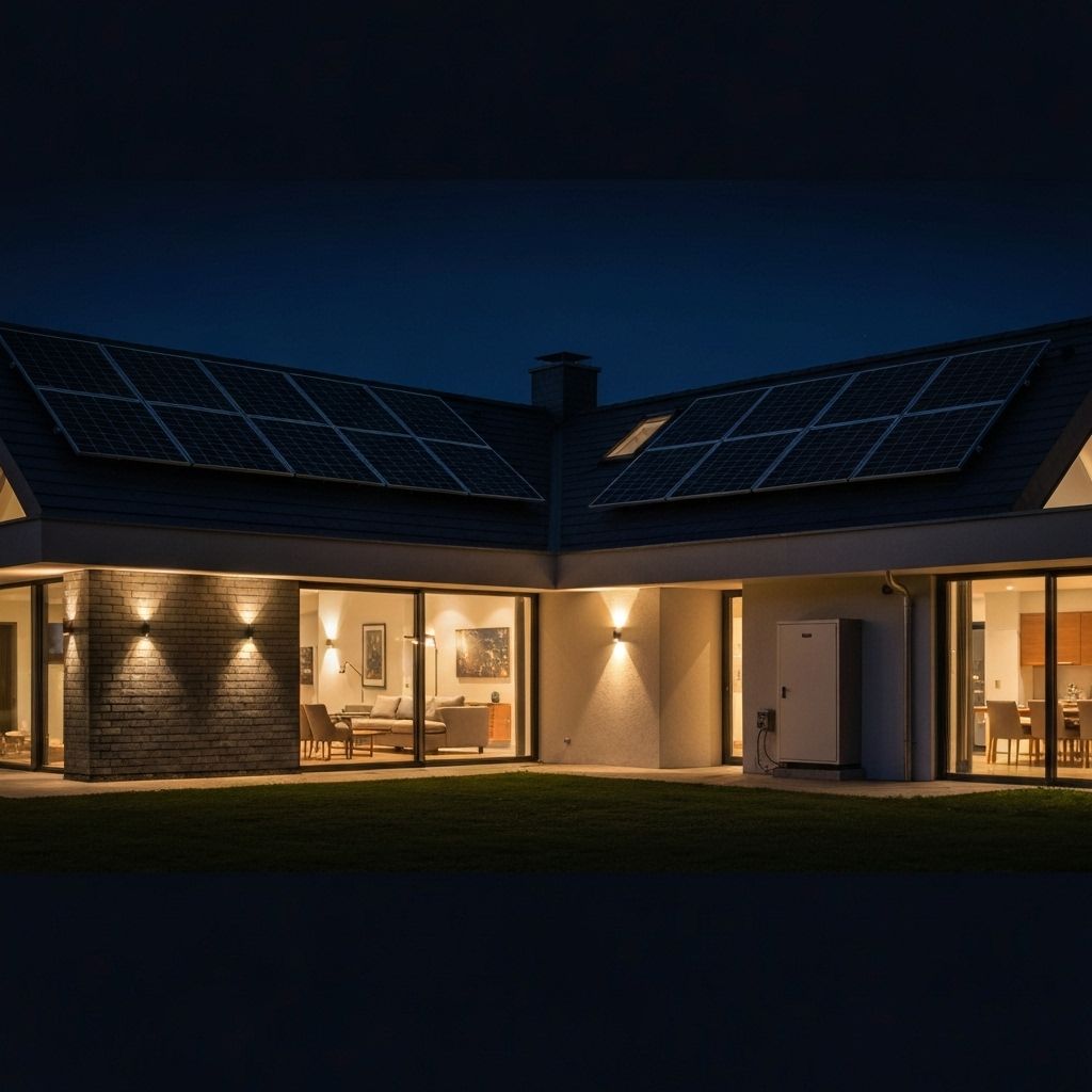 Modern home with solar panels and battery storage at night